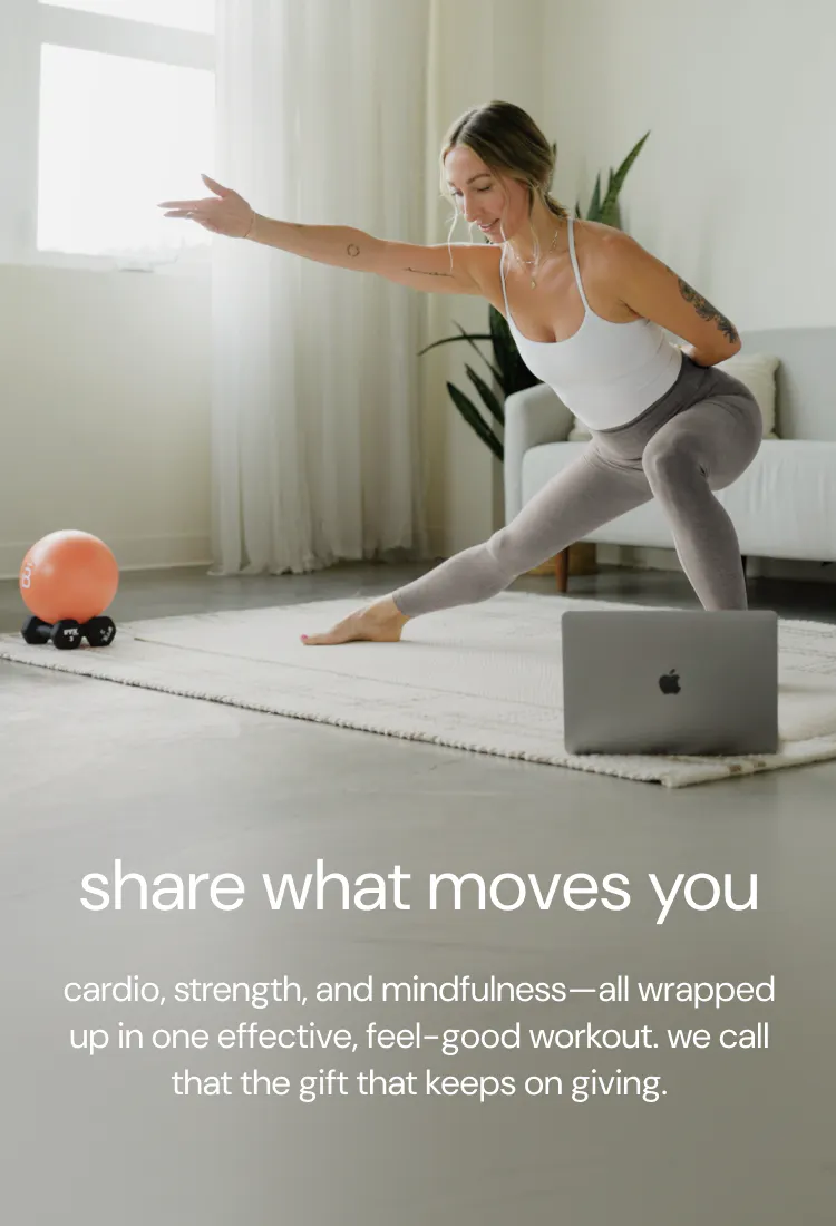 graphic, woman in a wide incline lunge pose with the text: "share what moves you"