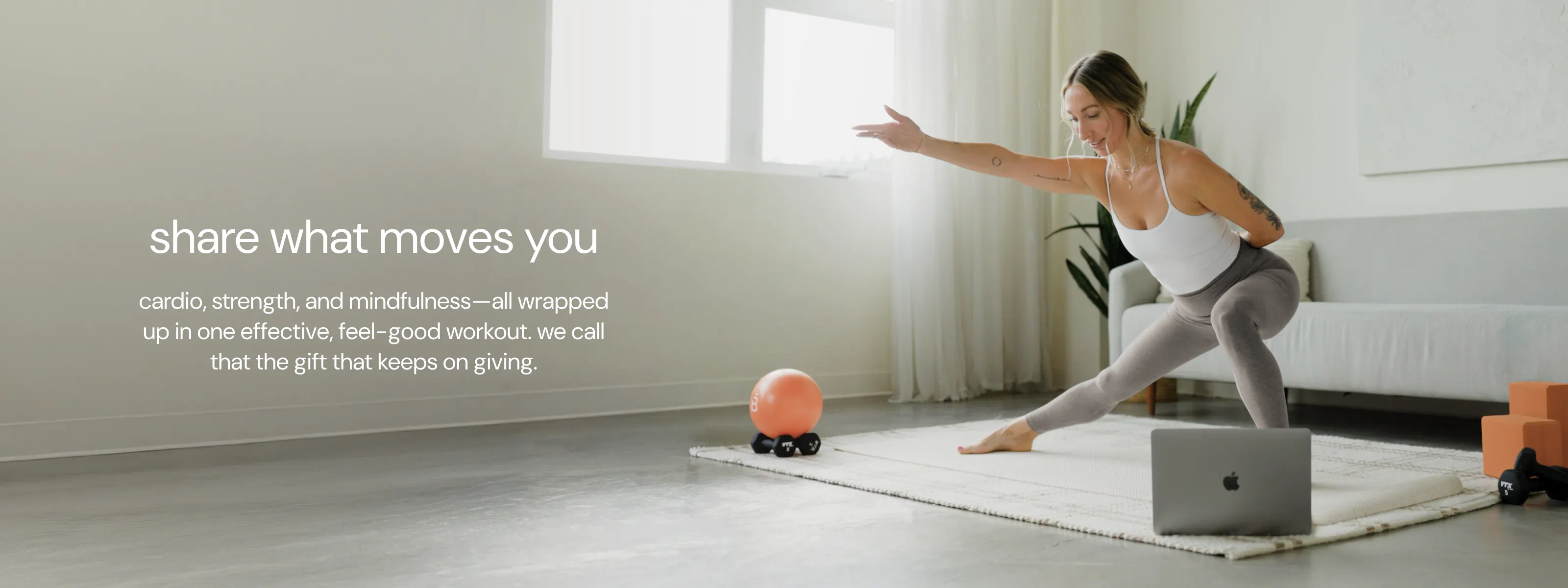 graphic, woman in a wide incline lunge pose with the text: "share what moves you"