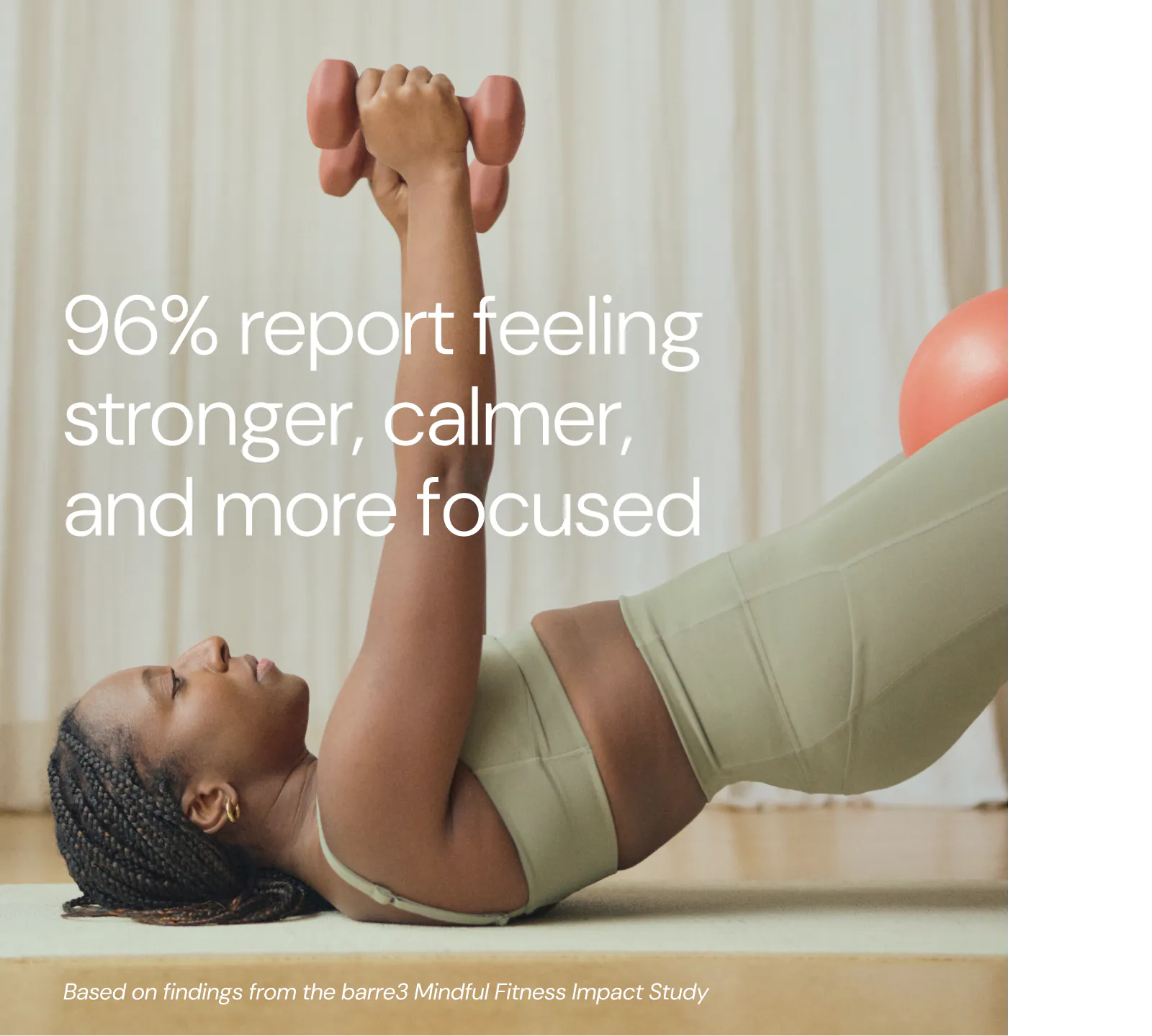 graphic, "96% report feeling stronger, calmer, and more focused" based on findings from the barre3 Mindful Fitness Impact Study