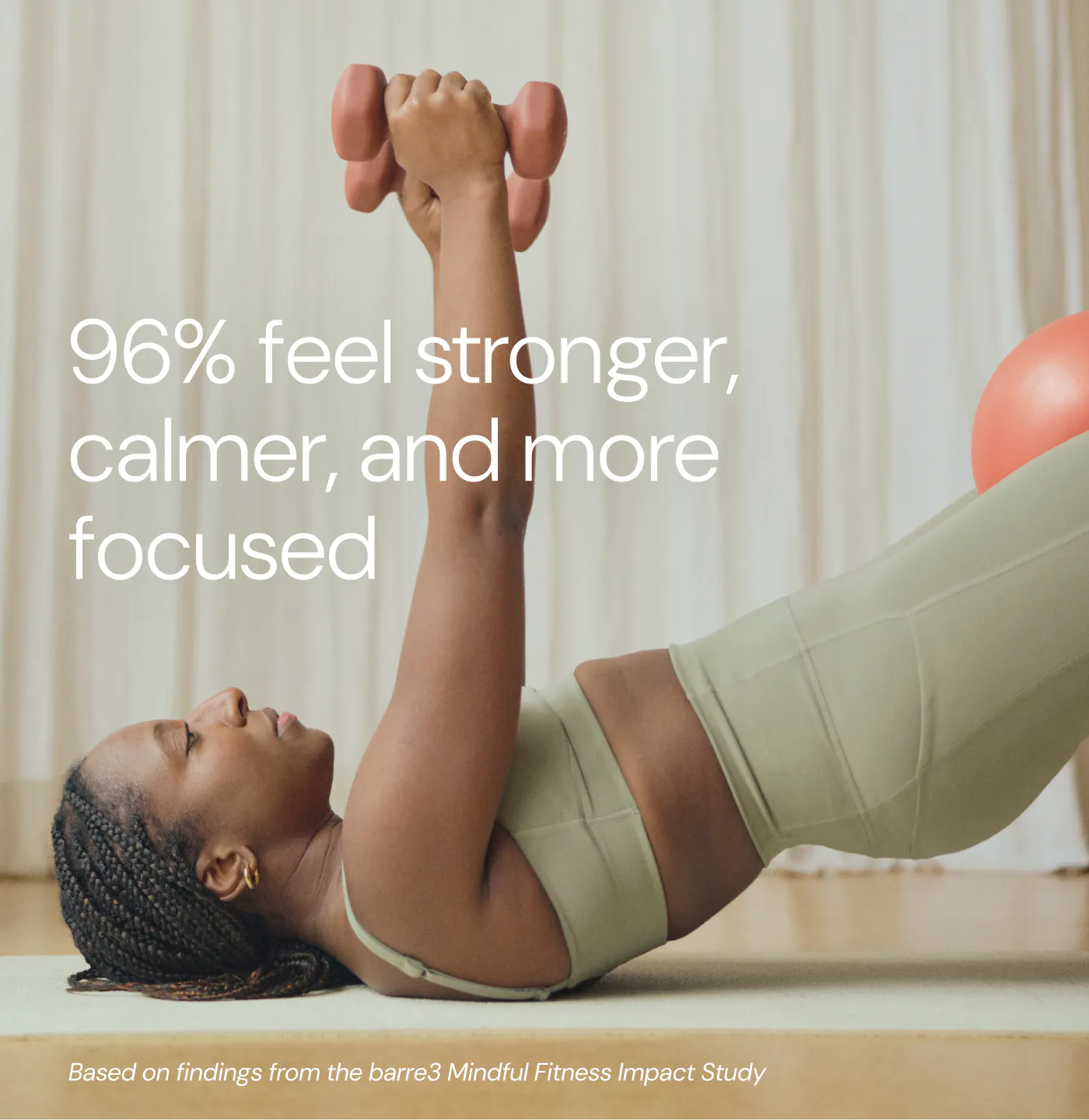 graphic, "96% feel stronger, calmer, and more focused" based on findings from the barre3 Mindful Fitness Impact Study