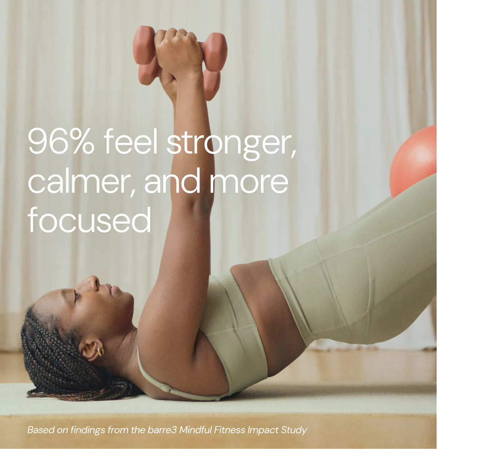 graphic, "96% feel stronger, calmer, and more focused" based on findings from the barre3 Mindful Fitness Impact Study